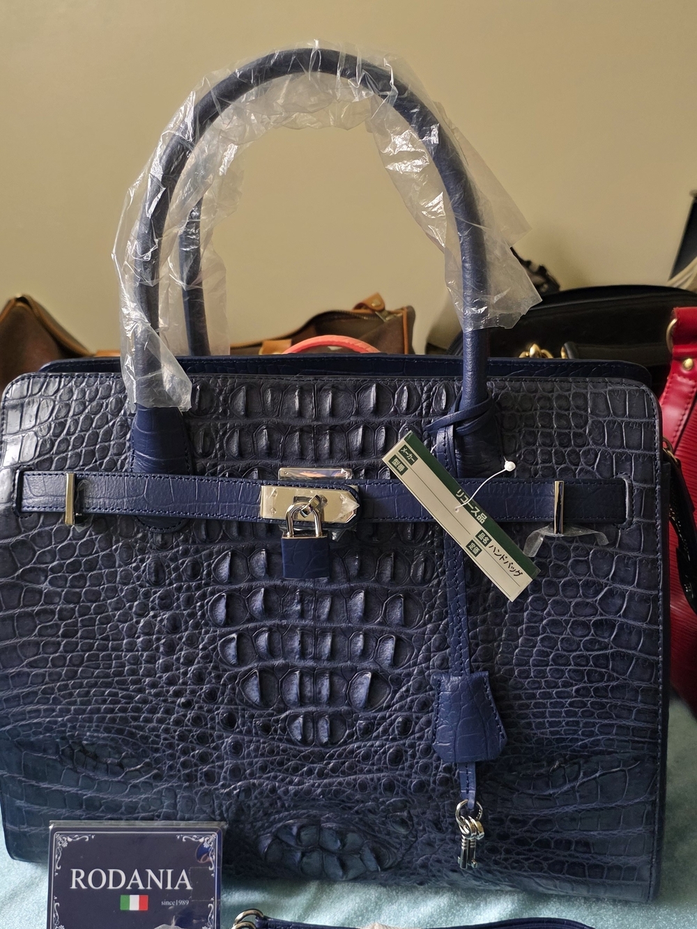 Navy Croc-Embossed Satchel